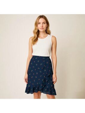 Women's Banana Republic Wrap Skirt Size 8 Blue Cherry Print Ruffle A-Line